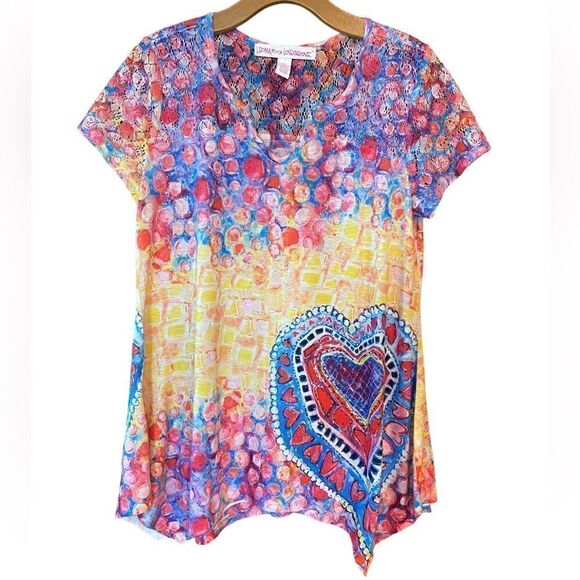 Leoma Lovegrove Sz S Yellow Pink Heart & Floral Artistic Design Relaxed Fit Top - Picture 1 of 5